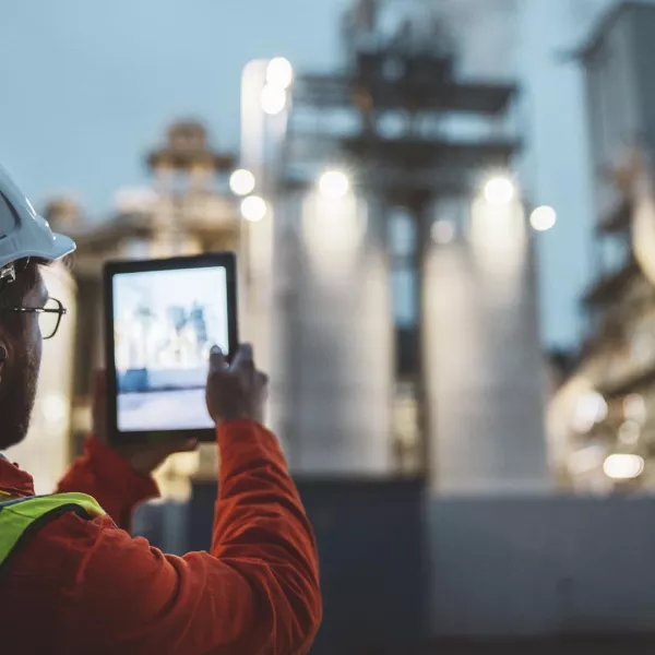 Factory and worker with tablet